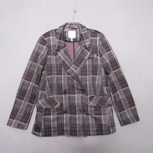 Avec Les Filles Plaid Double-Breasted Blazer in Gray and Brown